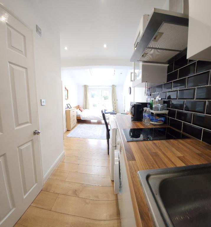 a kitchen with a sink and a counter top at Oxford Luxury Flat in Oxford