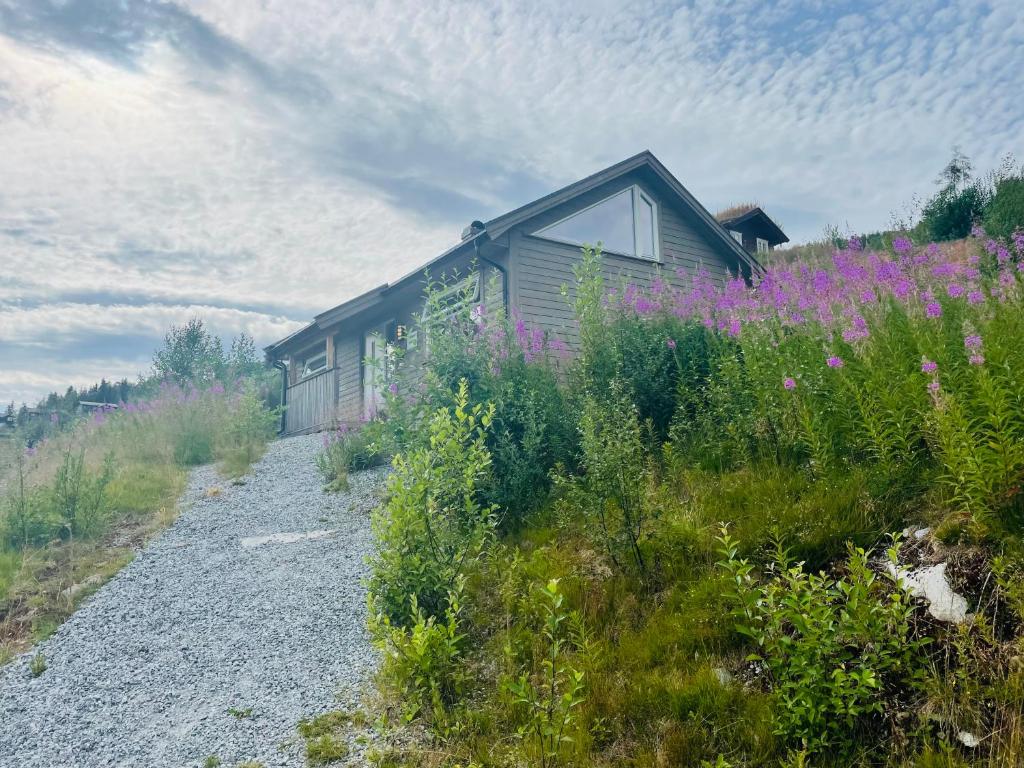 a small house on a hill with purple flowers at Fjellsporthytta nr. 4 in Sogndal