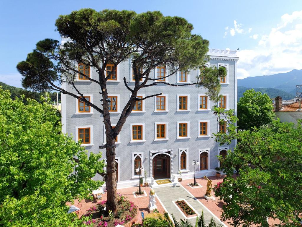 un grande edificio bianco con un albero in primo piano di A for Art Hotel a Limenas