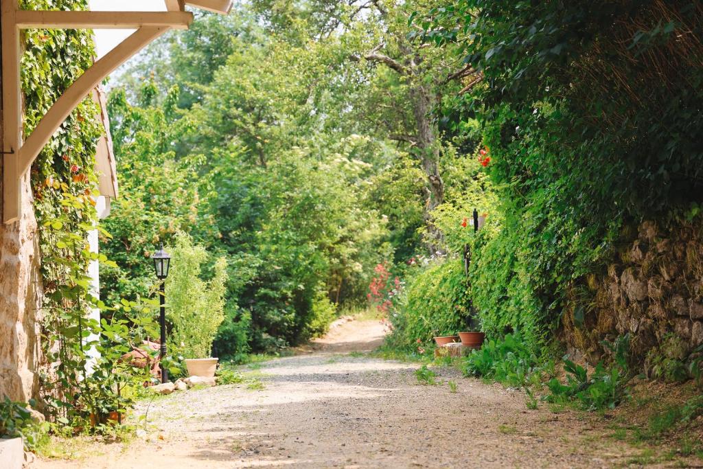 a dirt road next to a stone wall with bushes at Les Grangeonnes, gîtes nature, piscine, bain nordique, sauna pour accueil familiale ou de groupe in Saint-Basile