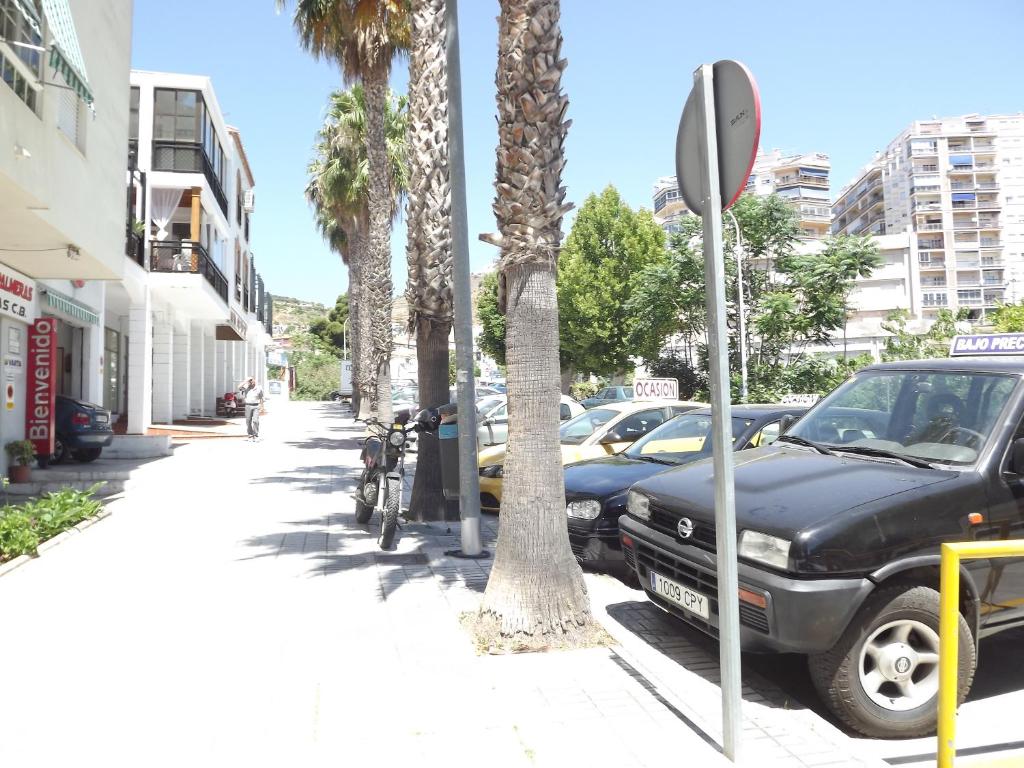 アルムニェーカルにあるApartamento En Almuñecarのヤシの木が立ち並ぶ路上駐車