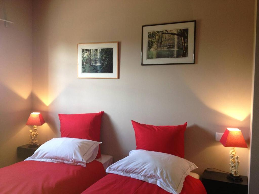 2 Betten in einem Zimmer mit roten und weißen Kissen in der Unterkunft Le Mas de Lucas in Arles