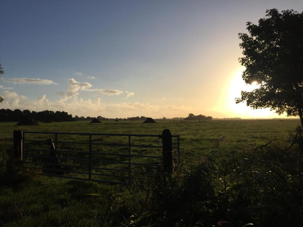 a fence in a field with the sunset in the background at Landhaus Vreburg in Butjadingen