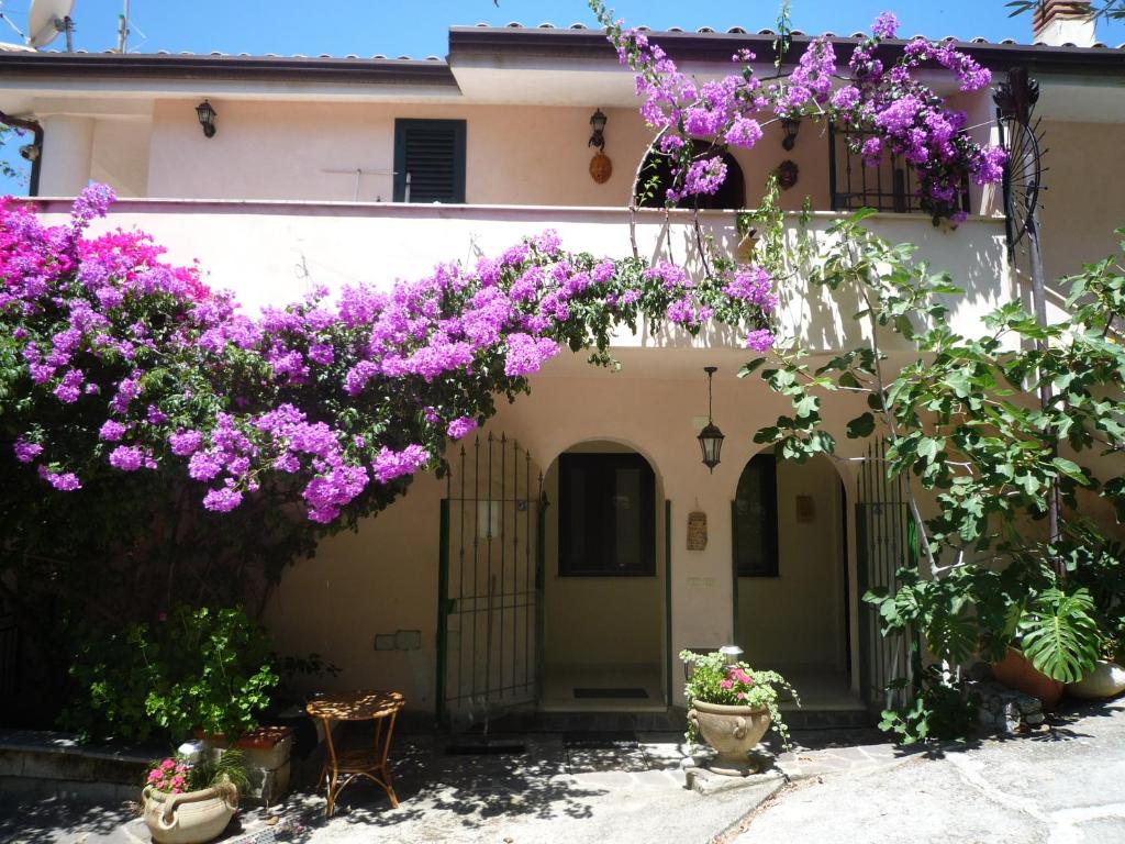 a house with purple flowers on the side of it at Villa Panthea in Capo Vaticano