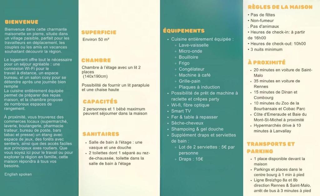 2 Seiten eines Menüs für ein Restaurant in der Unterkunft Maisonnette entre Rennes & St-Malo in Saint-Pierre-de-Plesguen