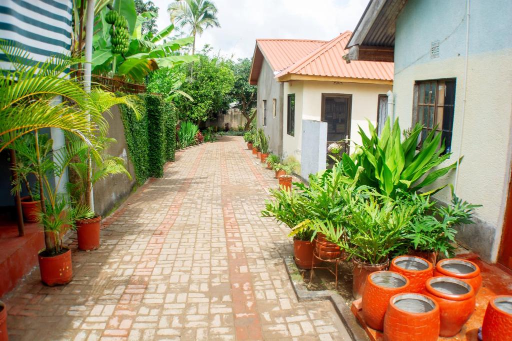 a brick road with plants on the side of a building at Nguruma house of travellers and tours in Arusha