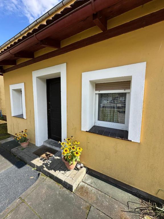 a house with two potted plants and a window at Willa Rudno Nad Jeziorem Parter in Rudno