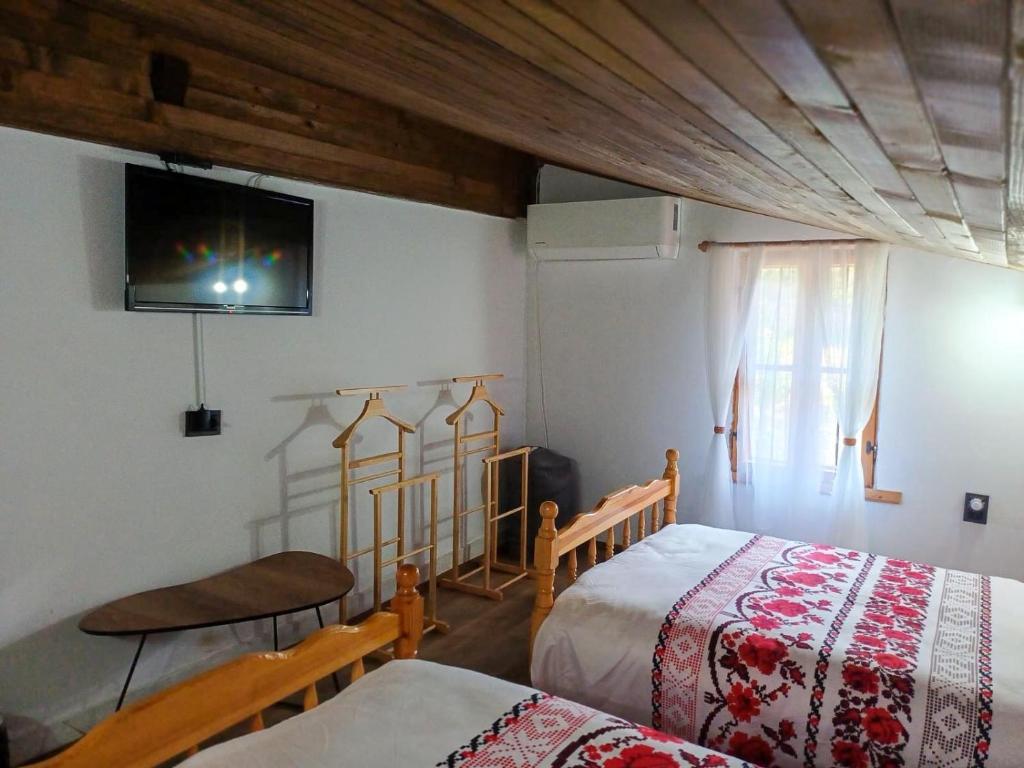 a bedroom with two beds and a flat screen tv at Vintage House in Elena