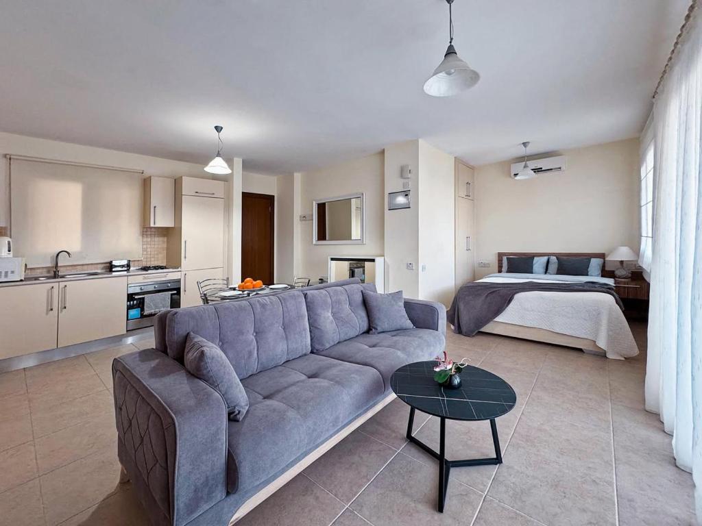 una sala de estar con un sofá y una cama en Thalassa See View Studio, en Vokolidha