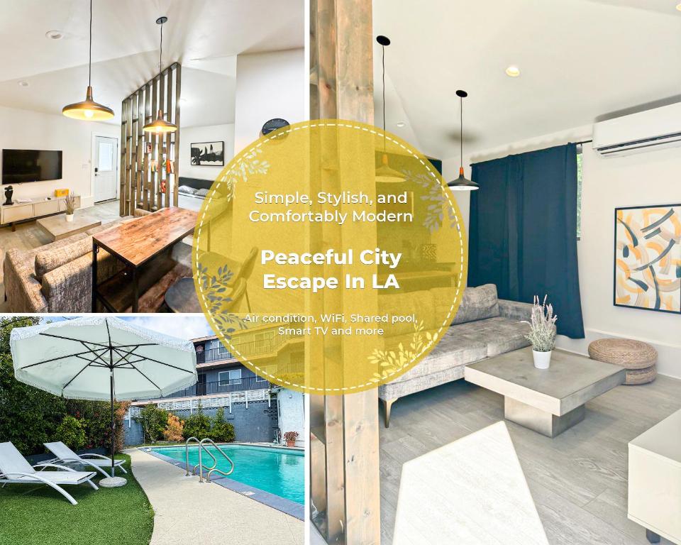 Un collage de fotos de una sala de estar y una casa. en Charming Poolside ADU Near SoFi Stadium - MK3LAD, en Los Ángeles