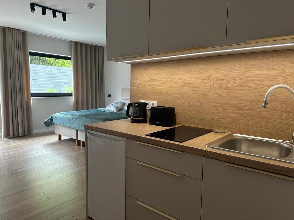 a kitchen with a sink and a counter top at Widokówka Radostowa 