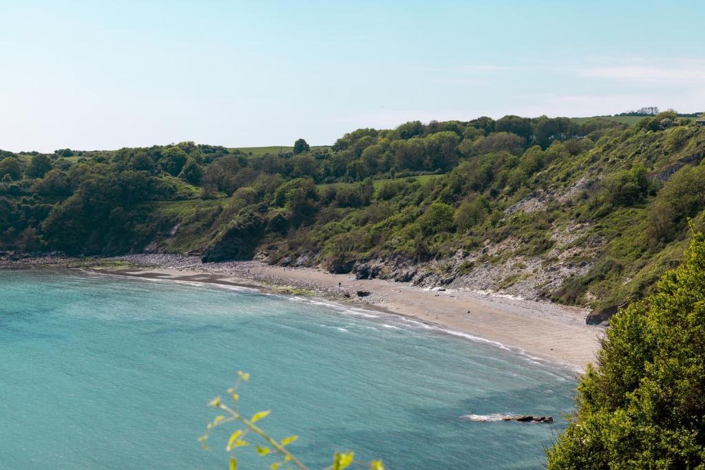 a view of a beach with trees and water at Lodge 63 at Riviera Bay Coastal Retreat in Brixham