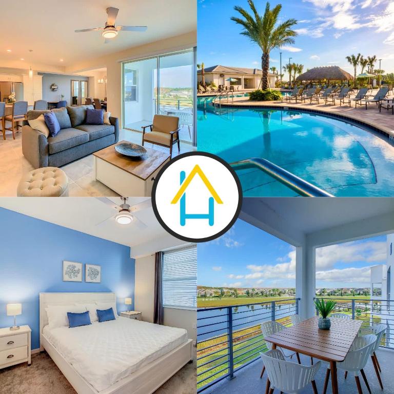 a collage of photos of a house with a pool at Gorgeous 2BR lakeview Condo with Waterpark in Kissimmee