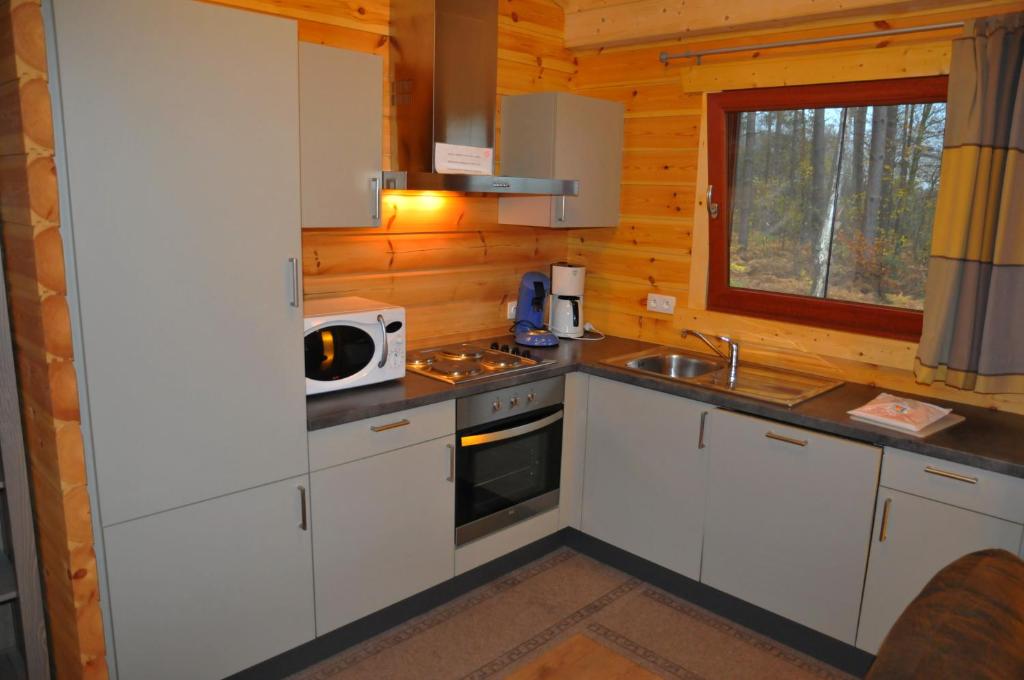 OigniesにあるAbri Vertの白いキャビネット、シンク、電子レンジ付きのキッチンが備わります。