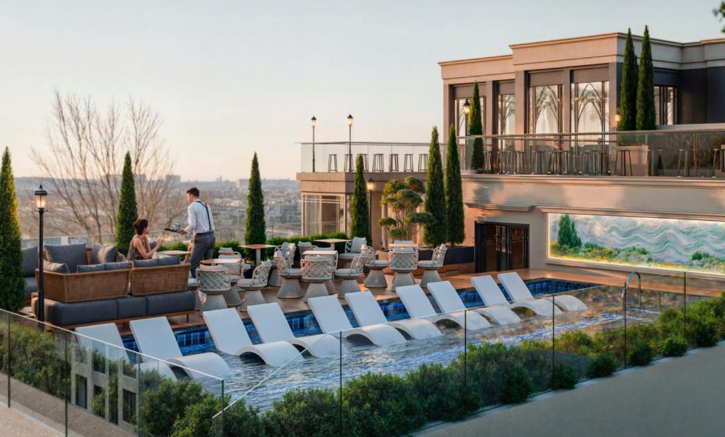 a rendering of a house with a pool and chairs at Heritage Ham Long Hotel and Spa in Hanoi