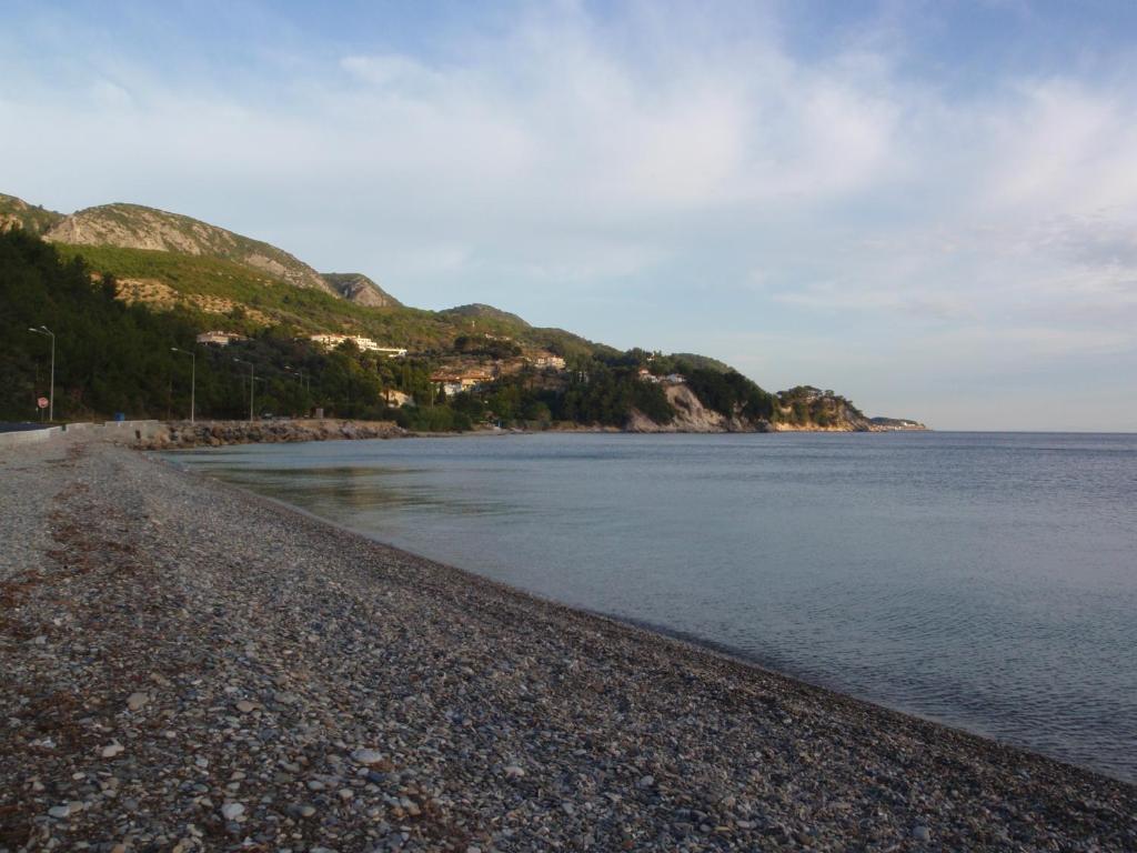 a beach with a rocky shore next to the water at Kate Apartments in Kokkari