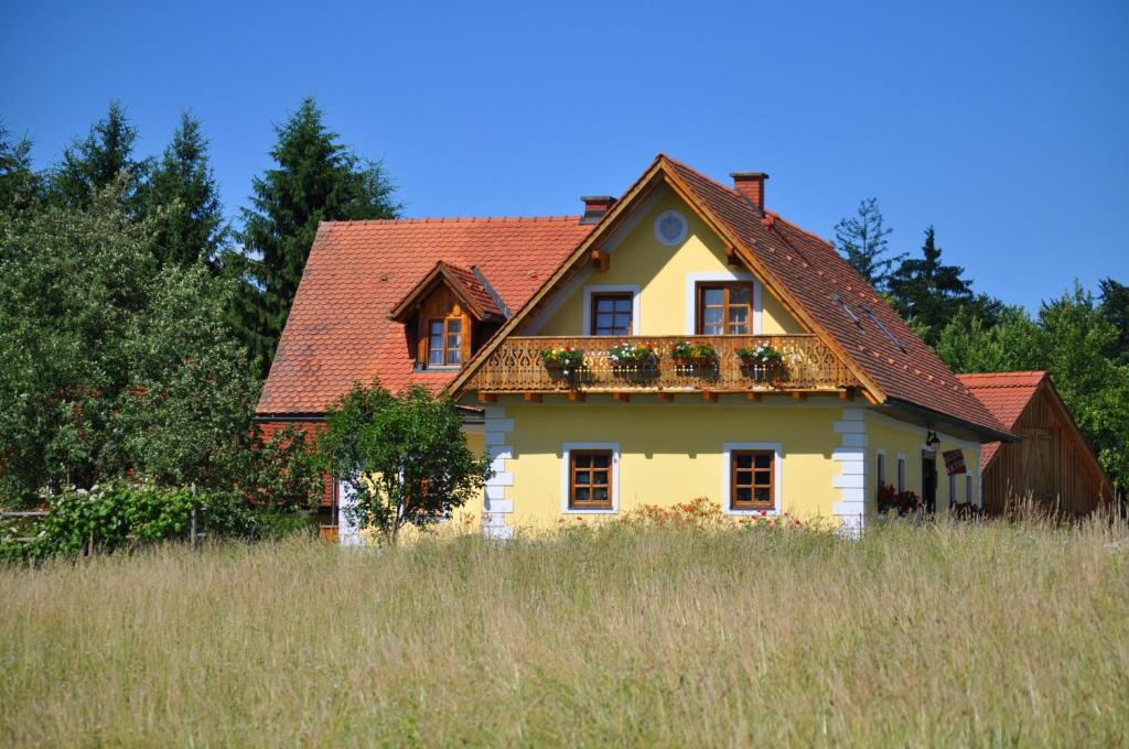 ein gelbes Haus auf einem Wiesenfeld in der Unterkunft Haus Schönegger in Kitzeck im Sausal