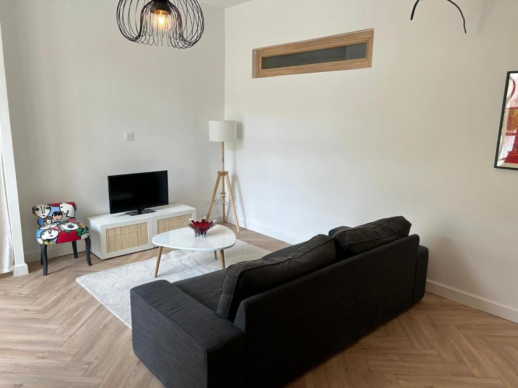 un salon avec un canapé noir et une télévision dans l'établissement Appartement avec terrasse dans une cour privée, à Avignon
