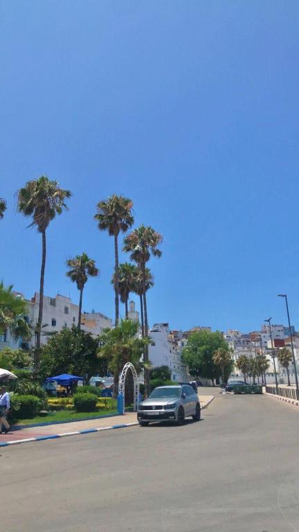Un coche aparcado en un aparcamiento con palmeras. en Dar dyafa, en Larache