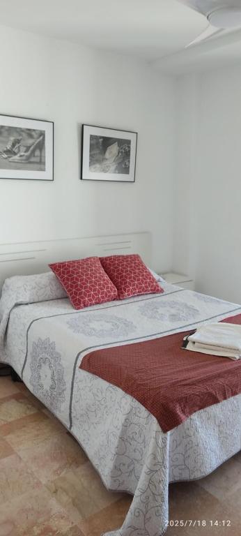 a bedroom with a large bed with red pillows at Apartamento Vino Tinto in Valdepeñas