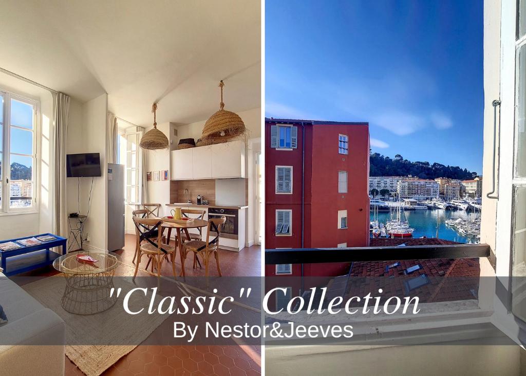 Il comprend une cuisine et un salon offrant une vue sur le port. dans l'établissement Nestor&Jeeves - REVE BLEU - View Port - BALCONY, à Nice
