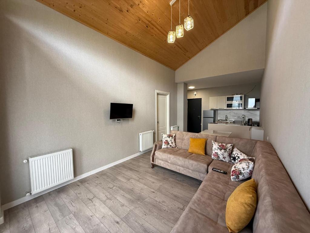 un soggiorno con un divano e una TV di Bakuriani Green Valley Apartment B 47 a Bakuriani
