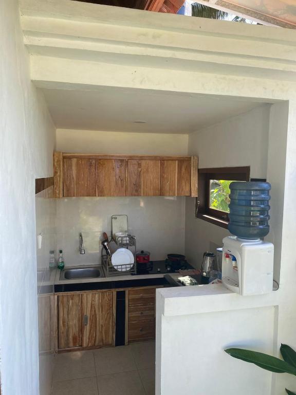 a kitchen with a sink and a microwave at Dukuh Sari Villa in Ubud