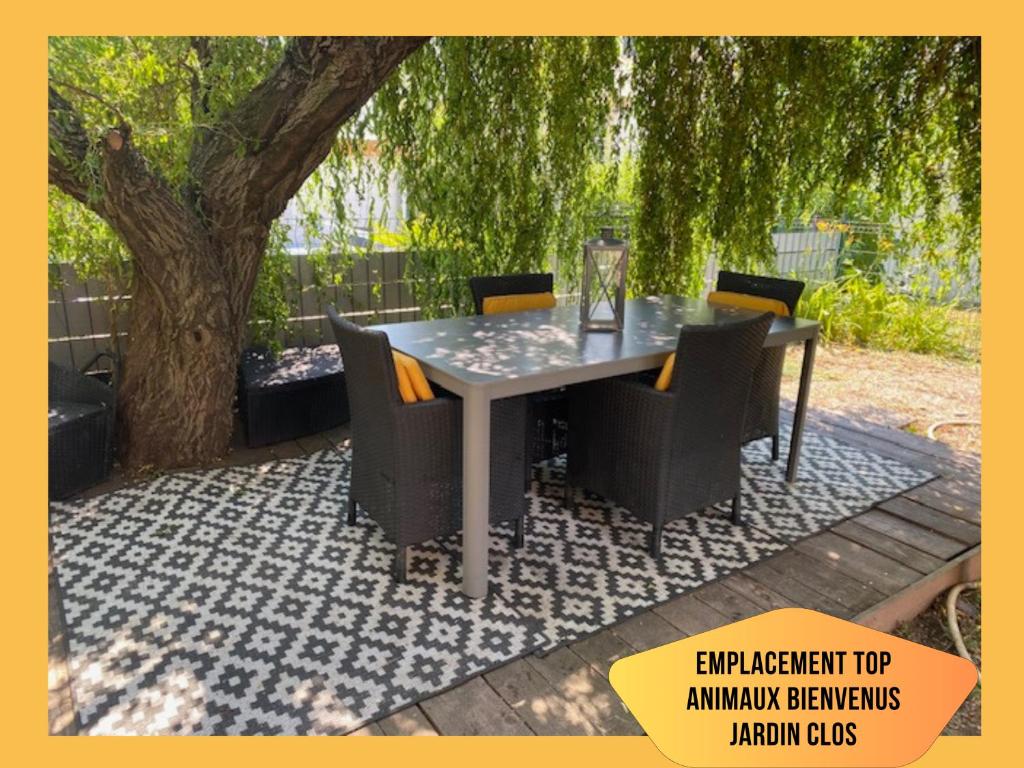 une table et des chaises assises sous un arbre dans l'établissement Maison Le Vignoble avec jardin - 6 personnes, à Ribeauvillé