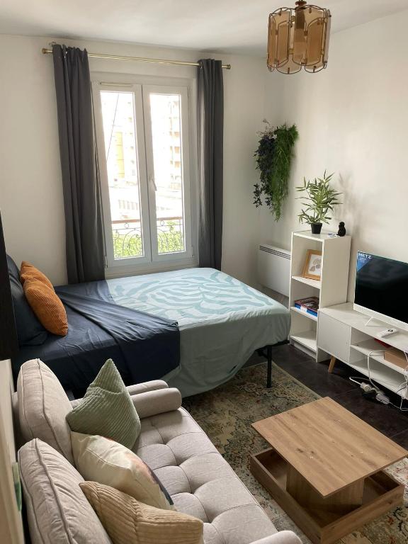 a living room with a bed and a couch at Charmant studio deux min métro in Aubervilliers