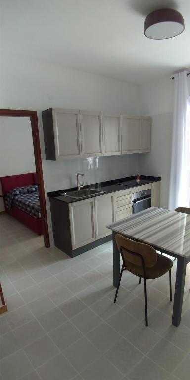 a kitchen with a table and a sink and a table and a table at Casa vacanze " il muretto" in Gallipoli