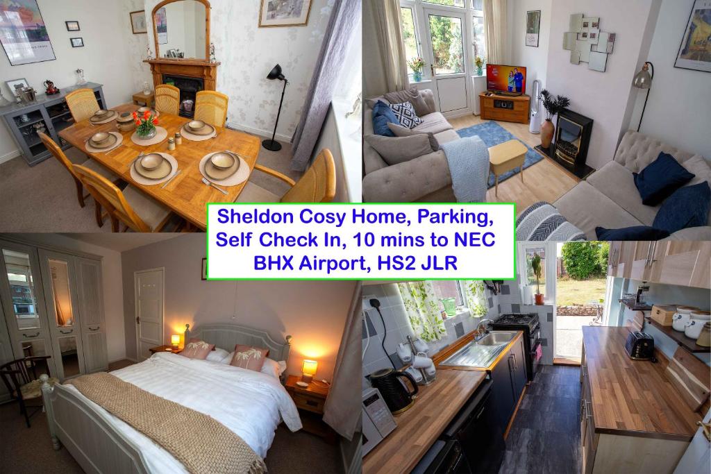 eine Collage mit Bildern eines Schlafzimmers und eines Wohnzimmers in der Unterkunft Comfortable Home near NEC, BHX in Birmingham