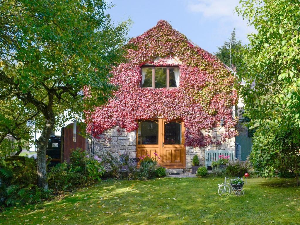 ein mit Blumen bedecktes Haus im Hof in der Unterkunft Bryn Dedwydd Cottage in Llanferres