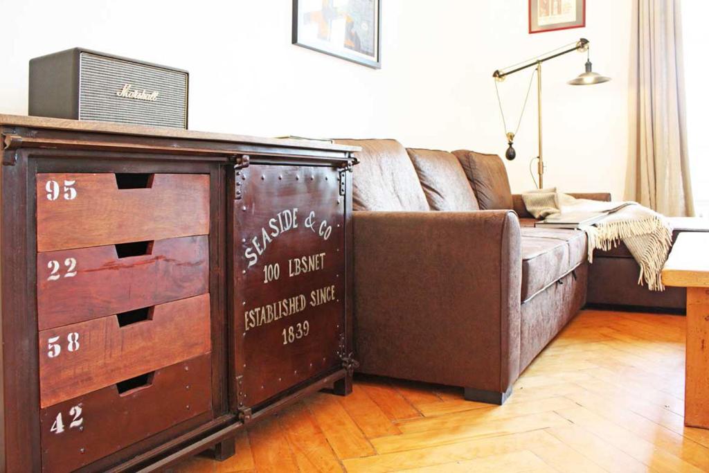 a living room with a brown couch and a tv at Alpine Museum- Chamonix All Year in Chamonix