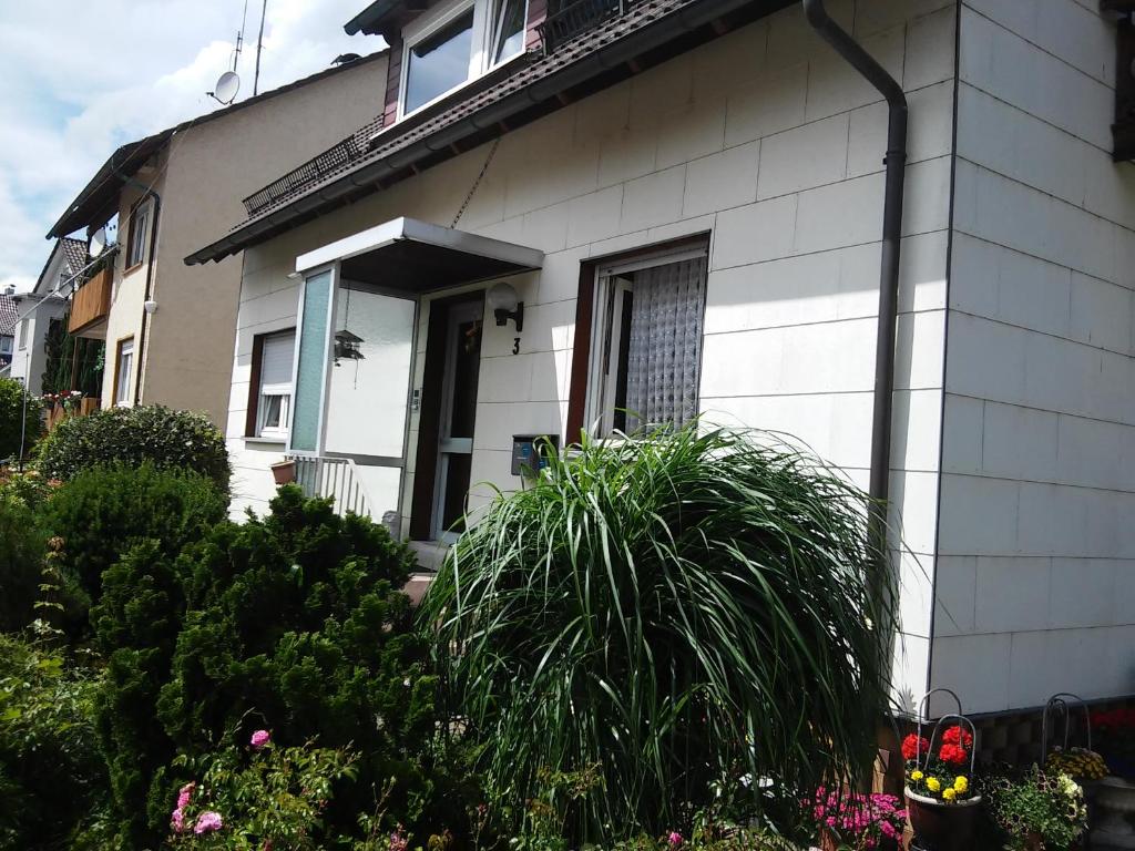 a white house with plants in front of it at Ferienappartement Obrigheim in Mosbach