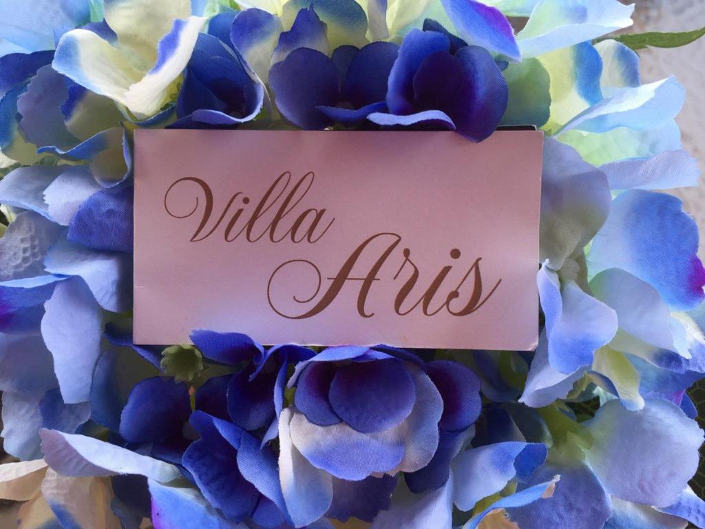 un ramo de flores azules con una señal que readsilla ayuda en Villa Aris en Paramonas