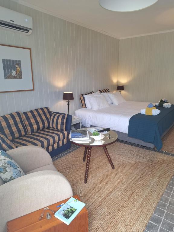 a hotel room with a bed and a couch at Quinta dos Chorões in São Vicente Ferreira
