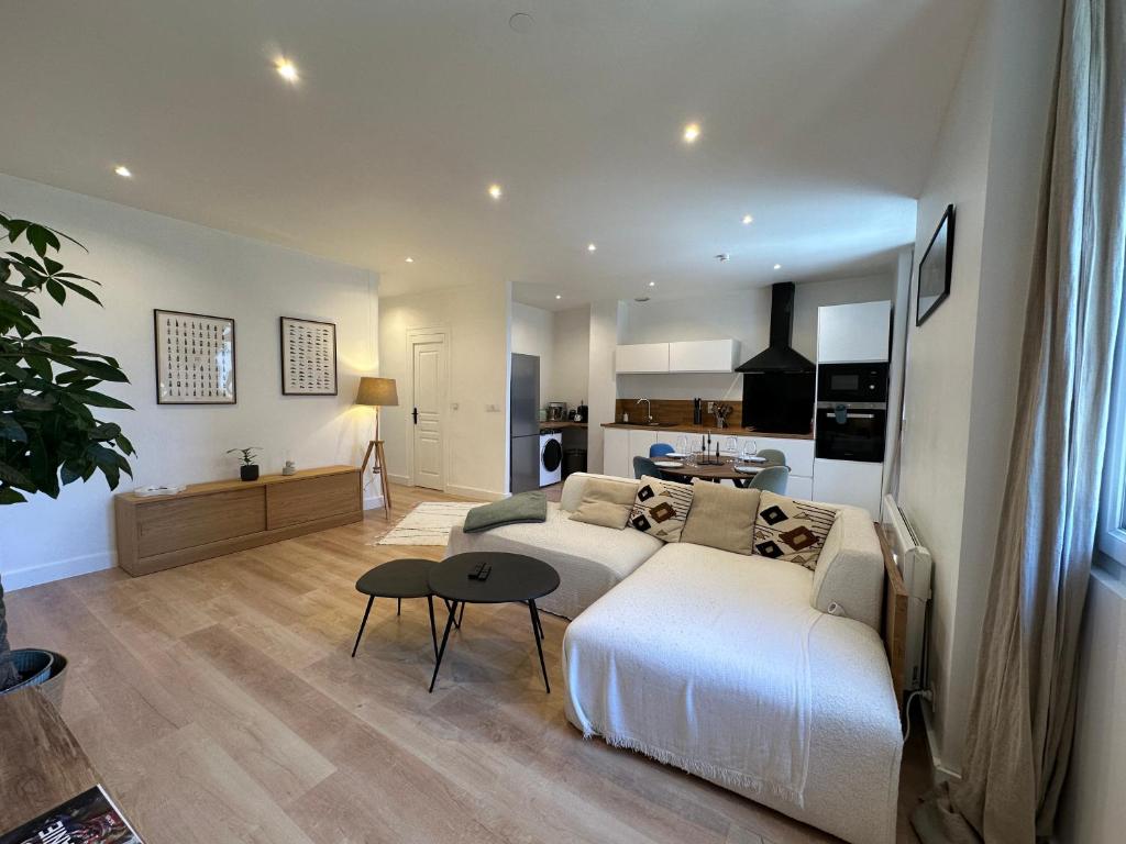 een woonkamer met een witte bank en een keuken bij Appartement entier Cosy in Grenoble