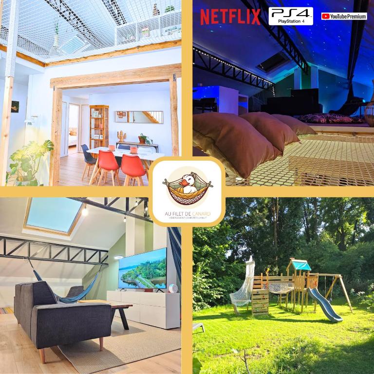 un collage de photos d'une maison dans l'établissement Maison calme et cozy avec filet suspendu à 15min de Nancy, à Pompey