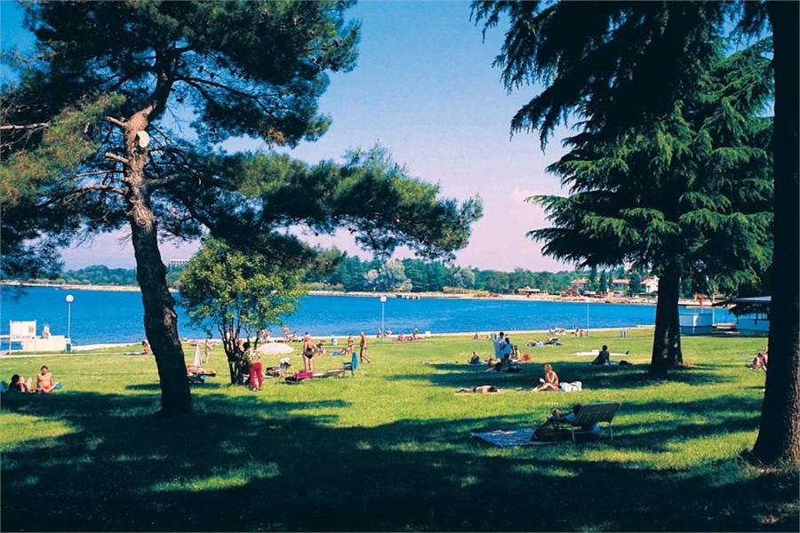 a group of people sitting in a park near the water at Apartments Špadići in Poreč