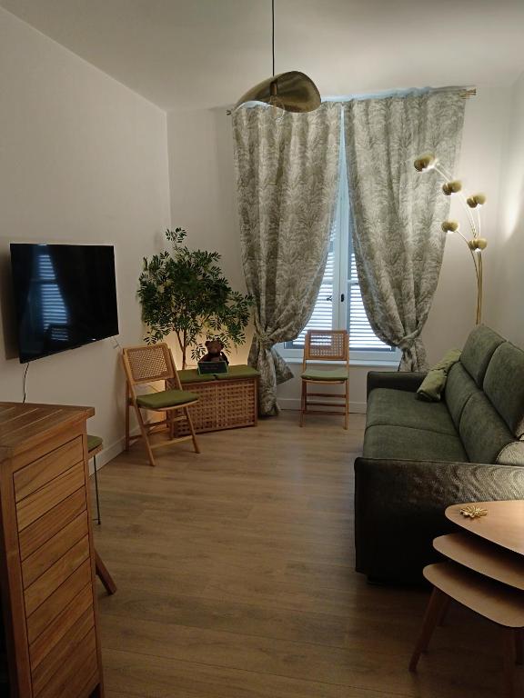 a living room with a couch and a tv at Agréable logement à Loches in Loches