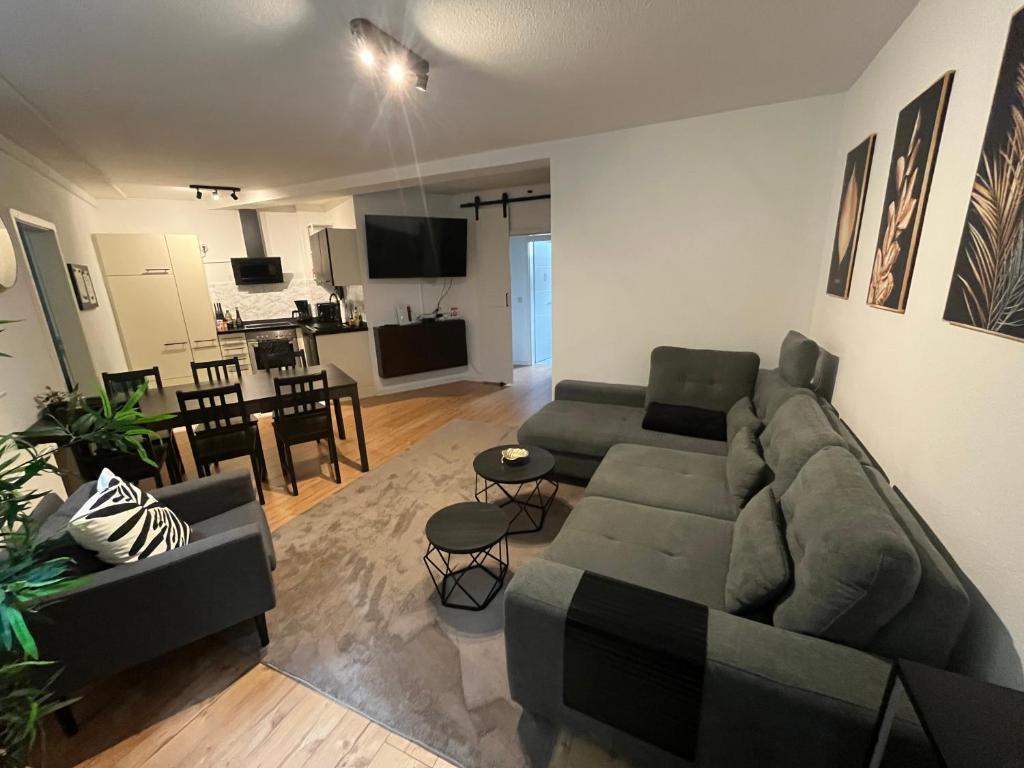 ブレーメンにあるFerienwohnung am Knoops Parkのソファとキッチンのあるリビングルーム