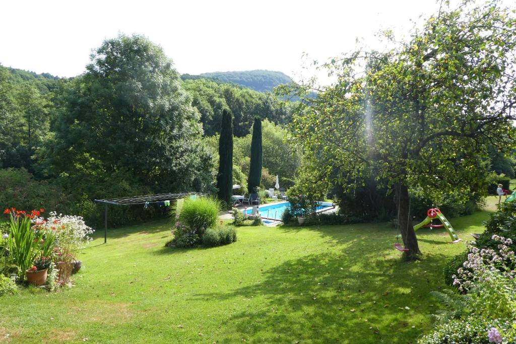 a yard with a swimming pool and trees and a garden at Ferienwohnung Menz - Alte Mühle - mit Milseburgblick und Gartenpool in Hofbieber