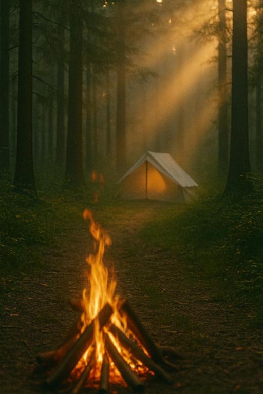 a campfire in the middle of a forest with a tent at Trianon Camp's - Micro-camping privatif proche château de Villandry in Villandry