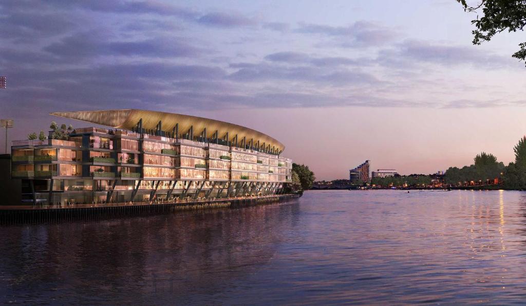 una representación de un edificio sobre el agua en Fulham Pier Hotel, en Londres
