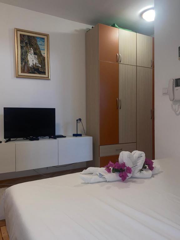 a bedroom with a bed with a tv and a cabinet at Čar Studio Apartments in Herceg-Novi