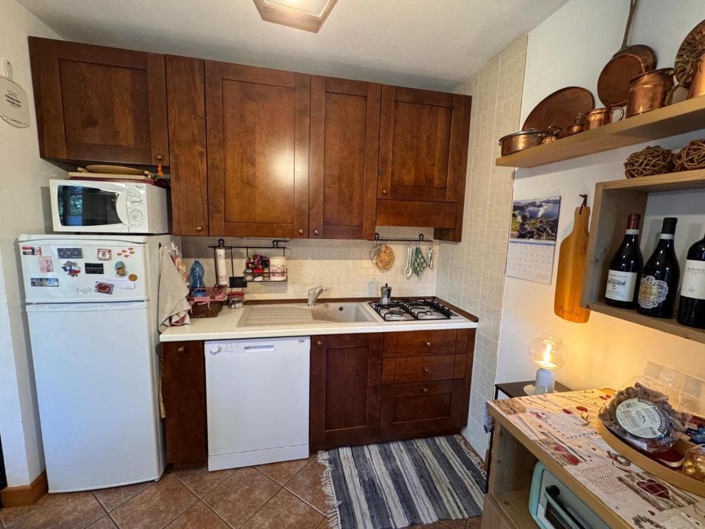 a kitchen with wooden cabinets and a white refrigerator at Chalet CHIARA&CARLO in Bormio