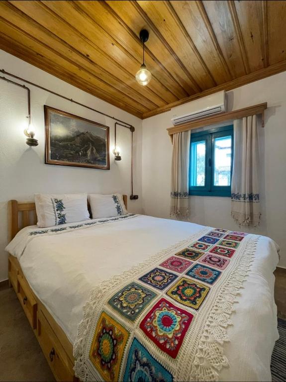 a bedroom with a large bed in a room at Gaba Dede Evleri-Bayram Evi in Cumalı