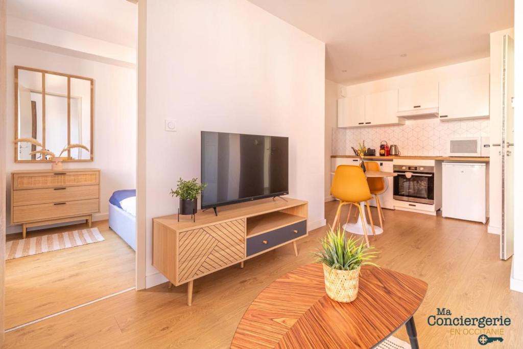 un salon avec une télévision à écran plat et une table dans l'établissement Charles - Hypercentre -St Sernin - Métro, à Toulouse