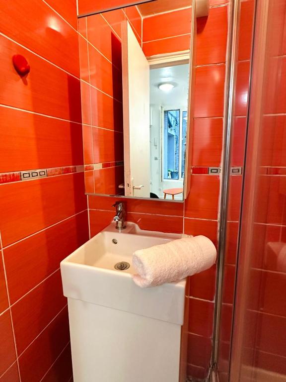 a bathroom with a sink and a mirror at L'écrin d'Orphée in Bagnolet