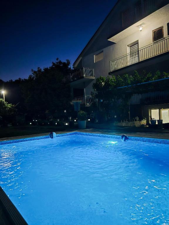 PretrešnjaDomaćinstvo Trifunović的夜晚建筑物前的游泳池
